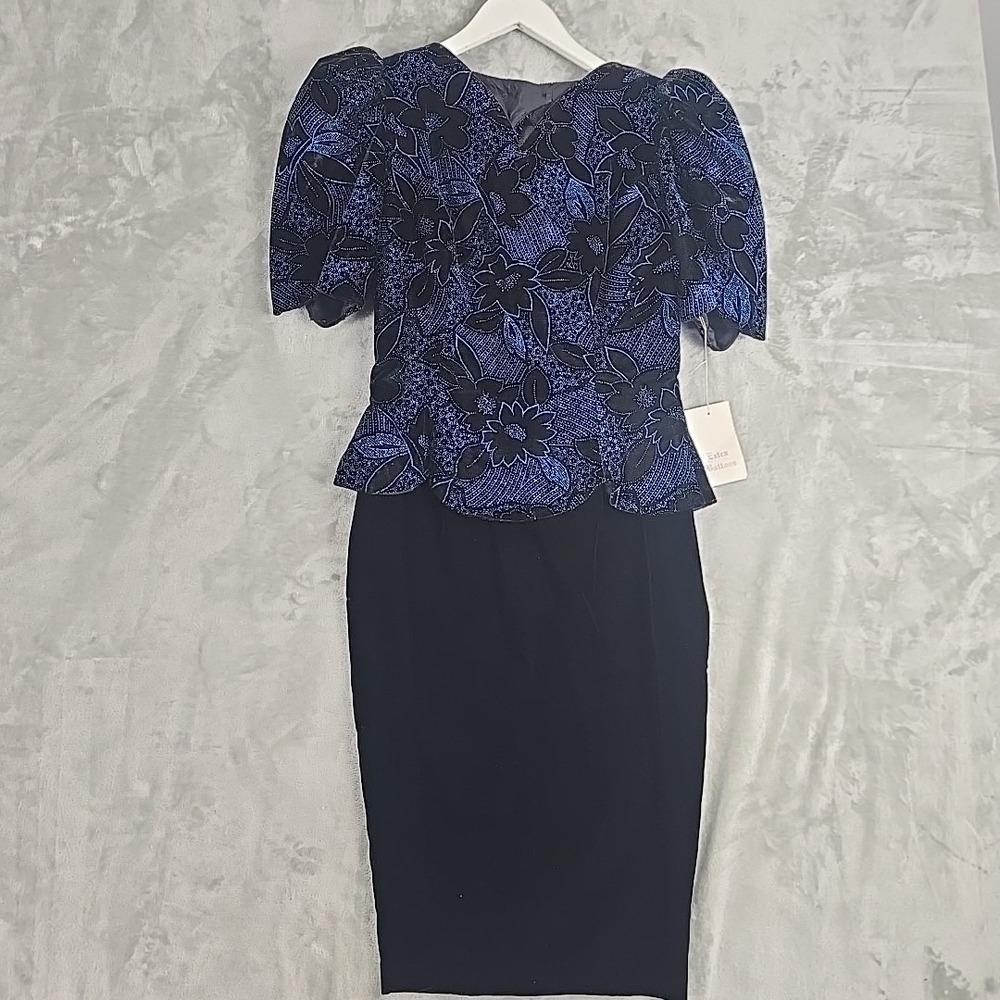 Scott McClintock Vintage Velvet 80s Prom Dress Floral Black Blue Metallic